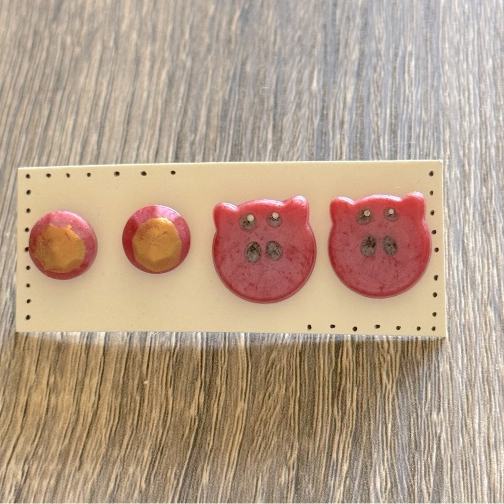 Handmade pig/ gold and pink coins earrings